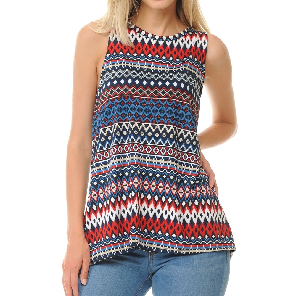 Red & Blue Pattern Print Back Criss-Cross Top